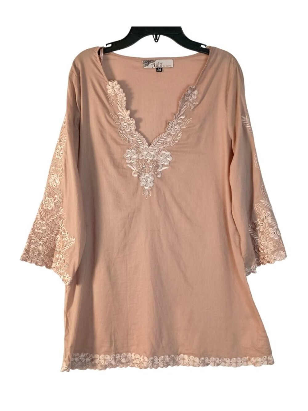 Aziz Women's M Embroidered Boho Tunic V Neck 3/4 Bell Sleeves Scalloped Lace Hem